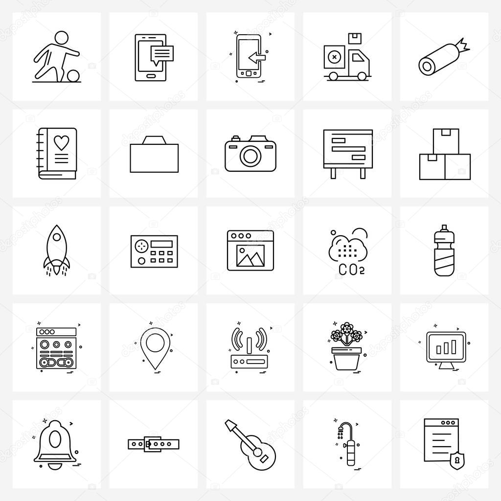 Line Icon Set of 25 Modern Symbols of junk food, order cancel, ui, logistics, cancel delivery Vector Illustration