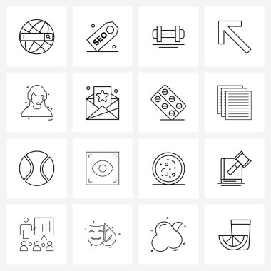 UI 16 Temel Satır Simgeleri Çalışan, çalışan, egzersiz, geri, yukarı Vektör İllüstrasyonu