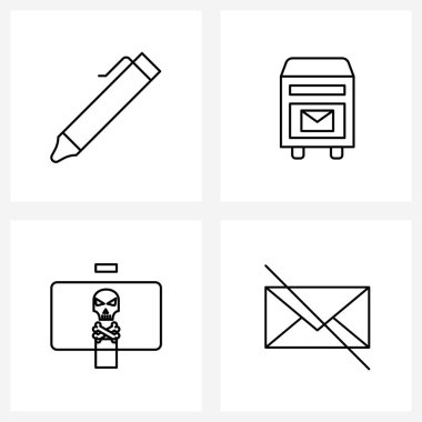 Web ve Mobil Tasarım için 4 Evrensel Satır Simgesi, e- posta, araç, gelen kutusu, tehlike vektörü illüstrasyonu