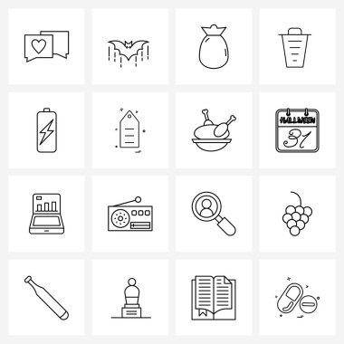 Web ve Yazdırma için 16 Basit Satır Simgesi kümesi: Şarj, tam pil, esrar, çöp, çöp, çöp