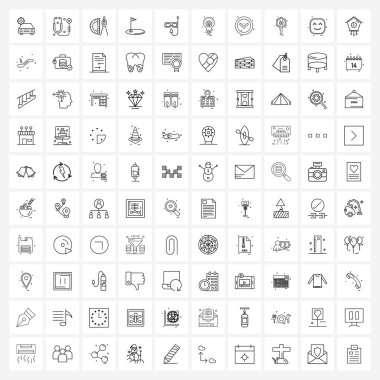 100 basit çizgi simgesi seti maske, dalış, d skalası, golf arabası, oyun vektörü ilüstrasyonu