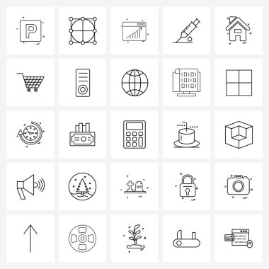 Mobil UI Satır Simgesi 25 Modern Pictogram kulübe, ev, ağ, şırınga, enjeksiyon vektörü Illustration