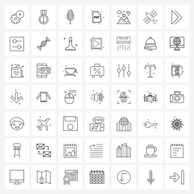 Spor, dağ, mikrofon, dosya, dosya Vektör İllüstrasyonunun 49 Modern Satır Simgesinin Evrensel Sembolleri