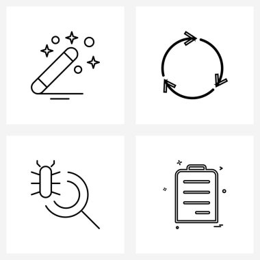 Sihirli çubuğun, aramanın, göstermenin, göstermenin, yuvarlağın, pano vektör illüstrasyonunun 4 Basit Satır Simgesinin Modern Vector Line Illustration 'u
