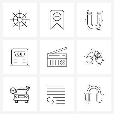 Modern Stil Seti 9 satırlık Pictograph Izgara tabanlı yemek, yemek, çekim, radyo, reklam vektörü illüstrasyonu