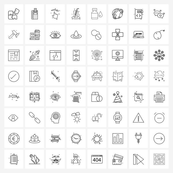 Комплект из 64 иконок Simple Line для Web и печати, таких как бутылка с лекарством, напиток, рука, напиток, стеклянные векторные иллюстрации
