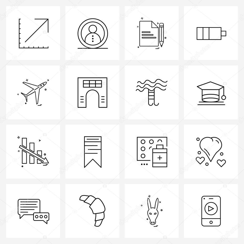 Set of 16 Universal Line Icons of aero plane, simple, user, charging, pencil Vector Illustration