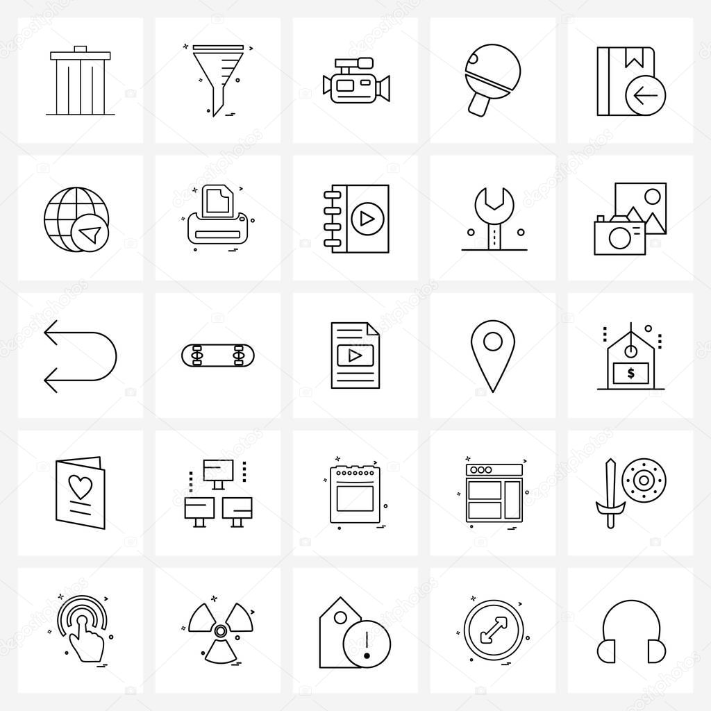 Modern Style Set of 25 line Pictograph Grid based book, sports, beaker, table tennis racket, movie camera Vector Illustration