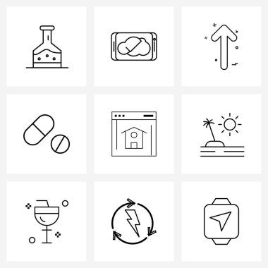 Modern Stil Seti 9 satır Pictograph Izgara tabanlı ağ, tablet, satır, haplar, Vektör İllüstrasyonu