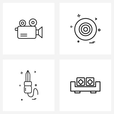 4 Satır Simgesi ve film kamerası, bıçak, dart, kılıç, mobilya taşıyıcı illüstrasyonu sembolleri
