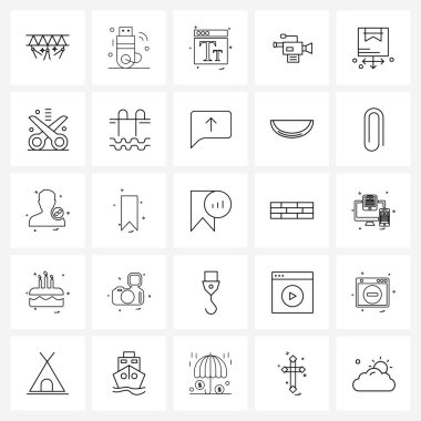 Kesim, kutu, web sitesi, dağıtım, video kamera vektörü illüstrasyonundan oluşan 25 Evrensel Satır Simgesi kümesi