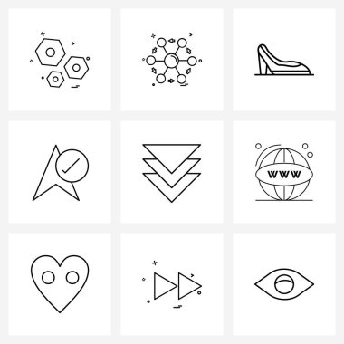 Modern Stil Seti 9 satır Pictograph Izgara tabanlı oklar, tik, moda, fare, ok vektörü illüstrasyonu