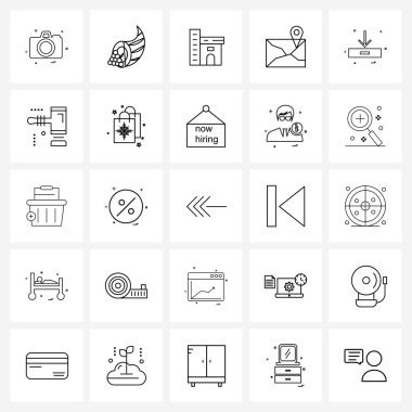 İzole Semboller 25 Basit Satır Simgesi İndirme, indirme kutusu, inşaat, alışveriş, pin vektörü illüstrasyonu