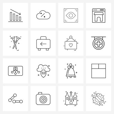 Web ve Mobil donanım, ağ, tarayıcı, depolama, dükkan Vektör İllüstrasyonu için 16 Evrensel Satır Simgesi