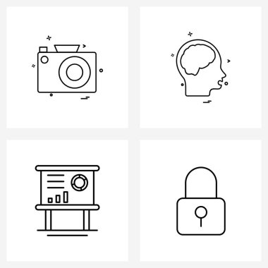 Kamera, grafik, kamera, tıbbi tasarım ve vektör illüstrasyonundan oluşan 4 Evrensel Satır Simgesi kümesi