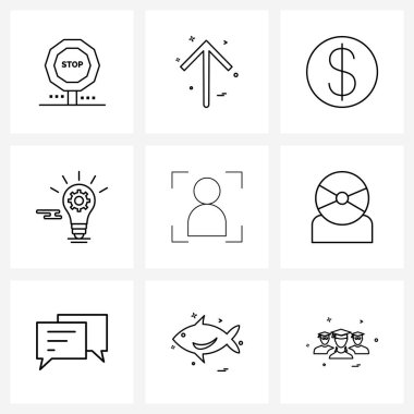 Yüz tanıma, eğitim, ayar, fikir vektörü illüstrasyonu üzerine modern simgelerin 9 Arayüz Satırı Simgesi