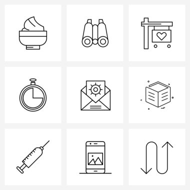 Web ve Yazdırma için 9 Basit Satır Simgesi kümesi Elektronik posta, saat, saat, zamanlayıcı, Sevgililer Günü Vektörü İllüstrasyonu gibi