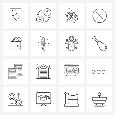 16 Satır Simgesi ve Para, daire, yatırım, kaldırma, koruma Vektörü İllüstrasyonu Sembolleri