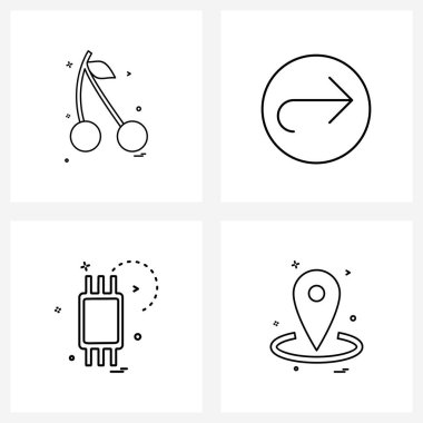 4 satır Pictograph Grid tabanlı modern stil seti kiraz, işlemci, yiyecek, ok, teknoloji vektörü illüstrasyonu