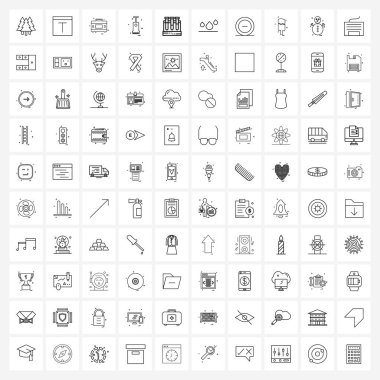 100 Evrensel Çizgi Simgesi Simgesi Fiziğin, eğitimin, çantanın, çim biçicinin, bahçe vektörü illüstrasyonunun mükemmel sembolleri