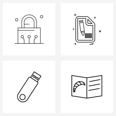 Asma kilit, flash disk, şehir, dosya, karides vektör ilülasyonu için 4 UI simgesi ve simge kümesi