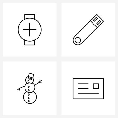 Akıllı saat, Noel, usb, disk, kart vektörü illüstrasyonu gibi 4 Vektör Satır Simgelerinin Piksel Mükemmel Kümesi