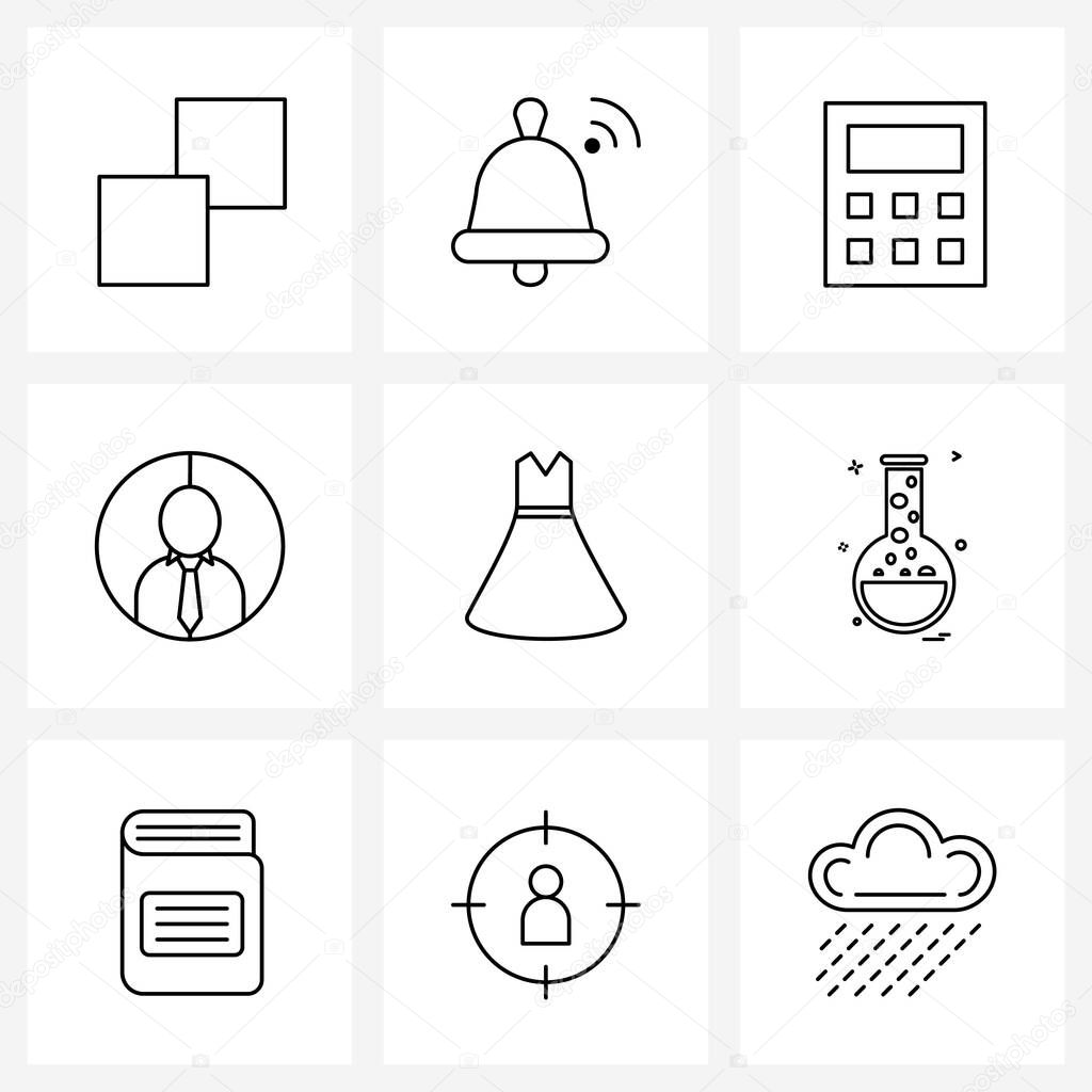 Simple Set of 9 Line Icons such as beaker, dress, calculator, cloths, user Vector Illustration