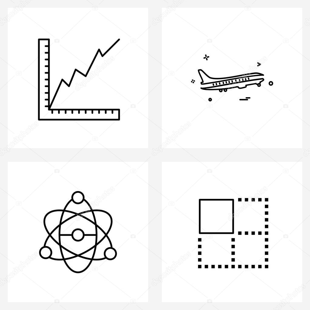 Modern Vector Line Illustration of 4 Simple Line Icons of graph, atom, banking, aero plane, all Vector Illustration