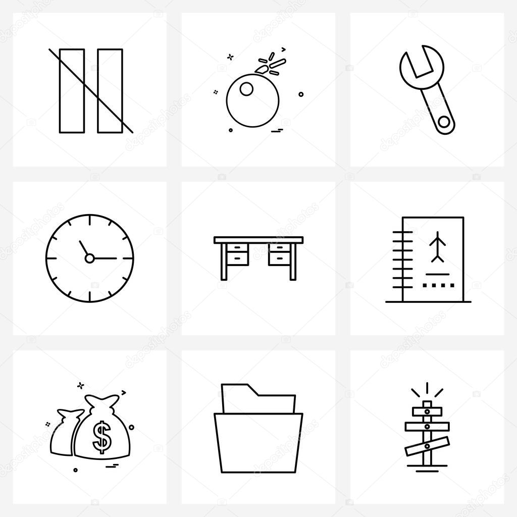 Set of 9 Line Icon Signs and Symbols of drawer, minutes, wrench, hours, clock Vector Illustration