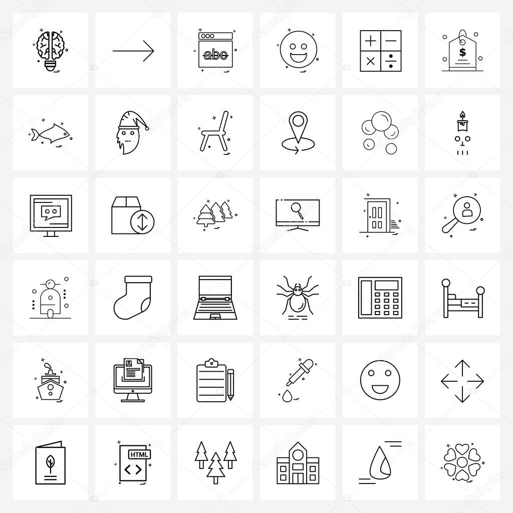 36 Universal Line Icons for Web and Mobile math, calculate, web layout, laughing, emote Vector Illustration