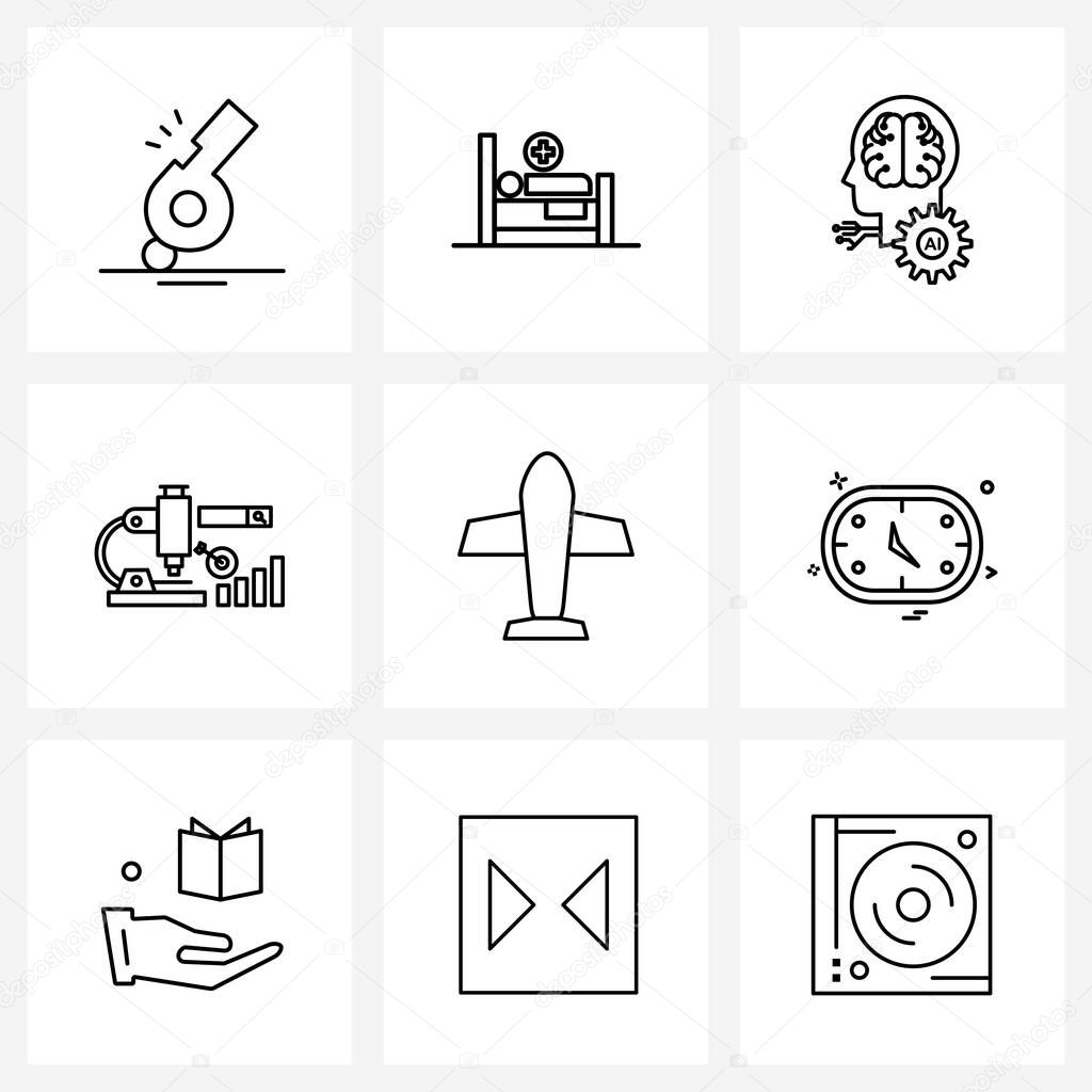 Universal Symbols of 9 Modern Line Icons of flight, aero plane, brain, search, microscope Vector Illustration