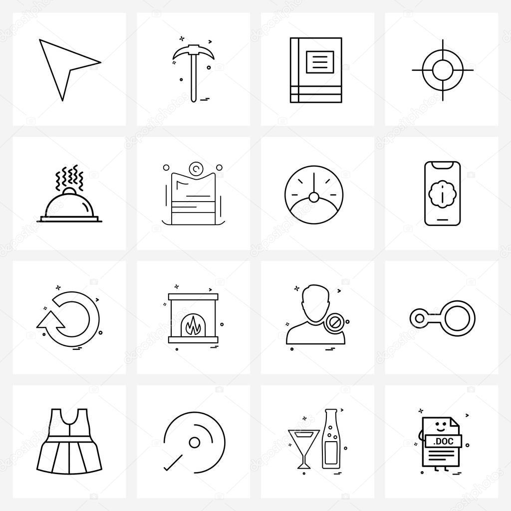Set of 16 Universal Line Icons of tray, hand, book, food, goal Vector Illustration
