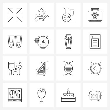 İzole edilmiş Semboller Scuba, dalış, test tüpü, evcil hayvan, torba vektör ilülasyonu 16 basit satır simgesi kümesi