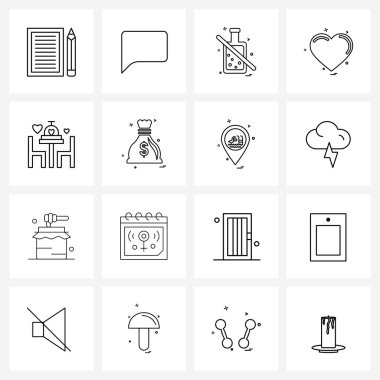 Masa, yemek, yemek, yemek, akşam yemeği, romantik Vektör İllüstrasyonu için 16 Satır Sembollerinden oluşan Stock Vektör Simgesi