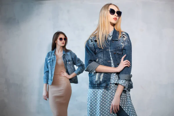 Two stylish hipster girls in sunglasses posing; — Stock Photo, Image
