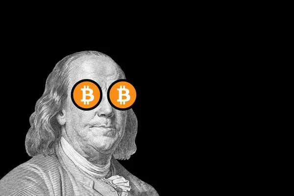 Benjamin franklin bitcoin gözleri siyah arka plan üzerine;