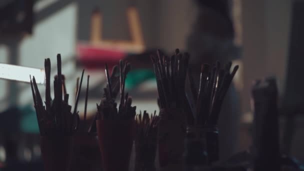Mulher artista pintar com escovas e tintura de óleo — Vídeo de Stock