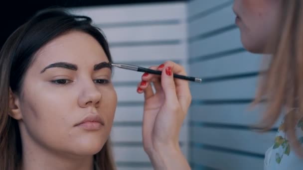 Make up artist tweezing eyebrows of young beautiful female — Stock Video