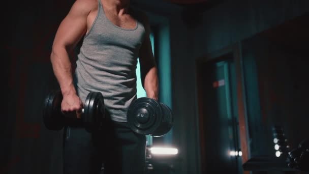 Athletic man with perfect torso exercising with dumbbells in gym — Stock Video