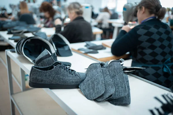 Kadın ayakkabı fabrikasında dikiş makinesi ile çalışıyor.