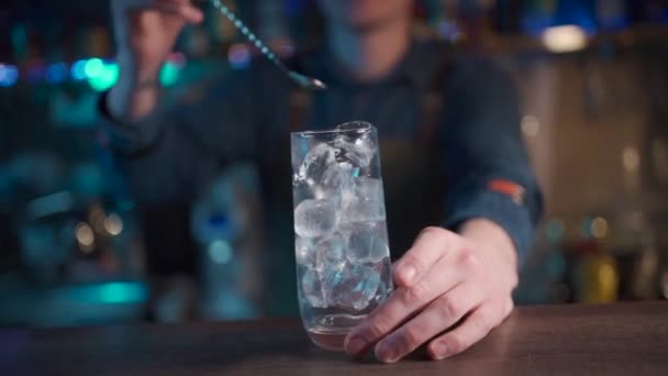 Bartender mixing modern gin tonic cocktail with ice — Stock Video