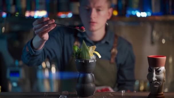 Barista bereidt exotische cocktail met citroenlikeur en sap — Stockvideo