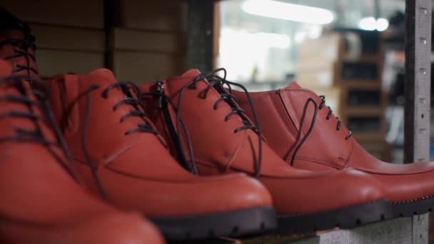 Rak dengan sepatu kulit manusia di pabrik alas kaki modern — Stok Video