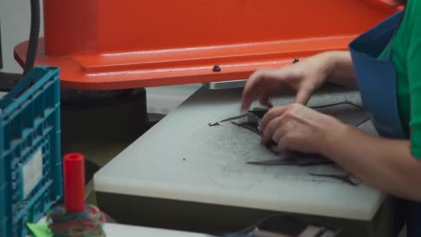 Persone che lavorano con macchinari per la stampa per il taglio di scarpe in pelle — Video Stock