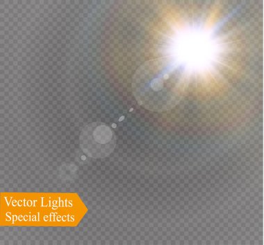 Soyut objektif altın açık güneş ışınları şeffaf özel ışık efekti tasarım.