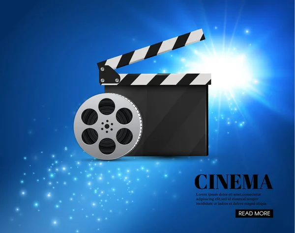 Cinema fundo com Filme.Fundo azul com luz estrela.Clapper Board. Folheto ou cartaz do vetor . — Vetor de Stock