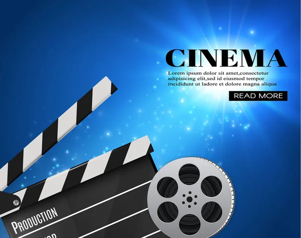 Cinema Background With Movie.Blue background with light star.Clapper Board. Vector Flyer Or Poster. — Stock Vector