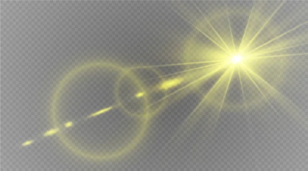 抽象的なレンズ ゴールド フロント太陽フレア透明特別な照明効果設計. — ストックベクタ