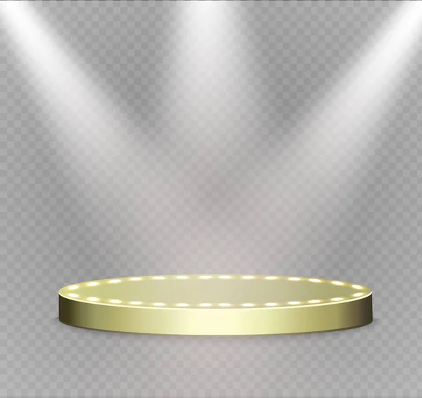 Gyllene pallen på ett genomskinligt background.the podium av vinnarna med ljusa lights.spotlight. — Stock vektor