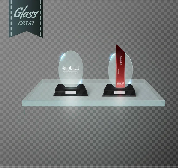 Troféu de prêmio de vidro em branco em uma prateleira transparente background.glass . —  Vetores de Stock